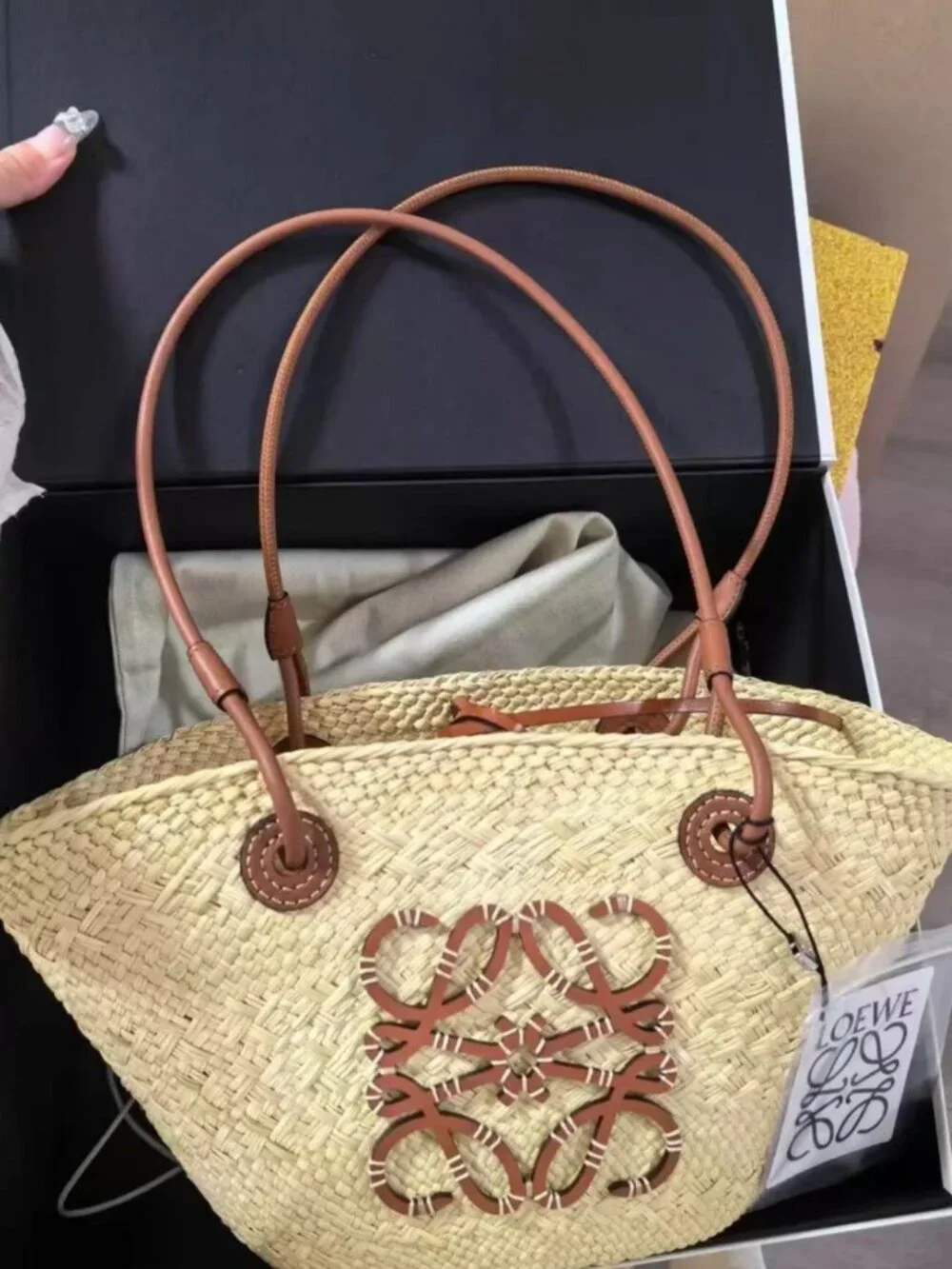Loewe Anagram Leather Trim Raffia Open Top Tote Bag
